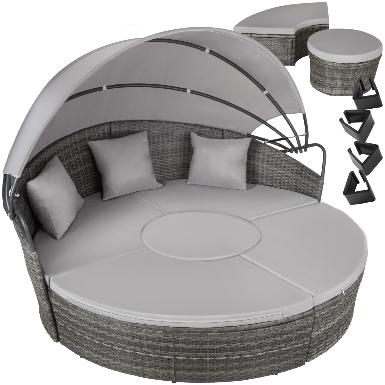 TecTake® Isla de Ratán Gris con Cojines y Toldo Plegable, Muebles de Jardín Exterior Resistentes UV, Estructura de Acero, Conjunto Terraza Combinable