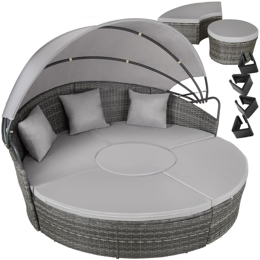 TecTake® Isla de Ratán Gris con Cojines y Toldo Plegable, Muebles de Jardín Exterior Resistentes UV, Estructura de Acero, Conjunto Terraza Combinable