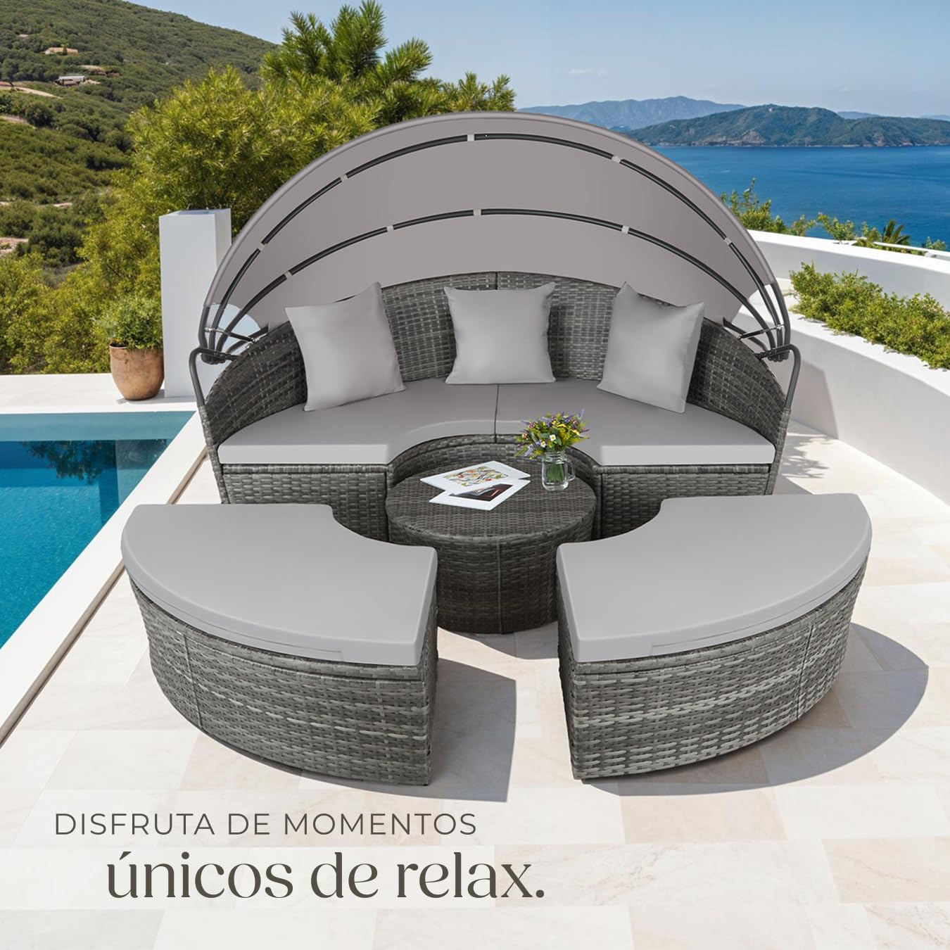 TecTake® Isla de Ratán Gris con Cojines y Toldo Plegable, Muebles de Jardín Exterior Resistentes UV, Estructura de Acero, Conjunto Terraza Combinable