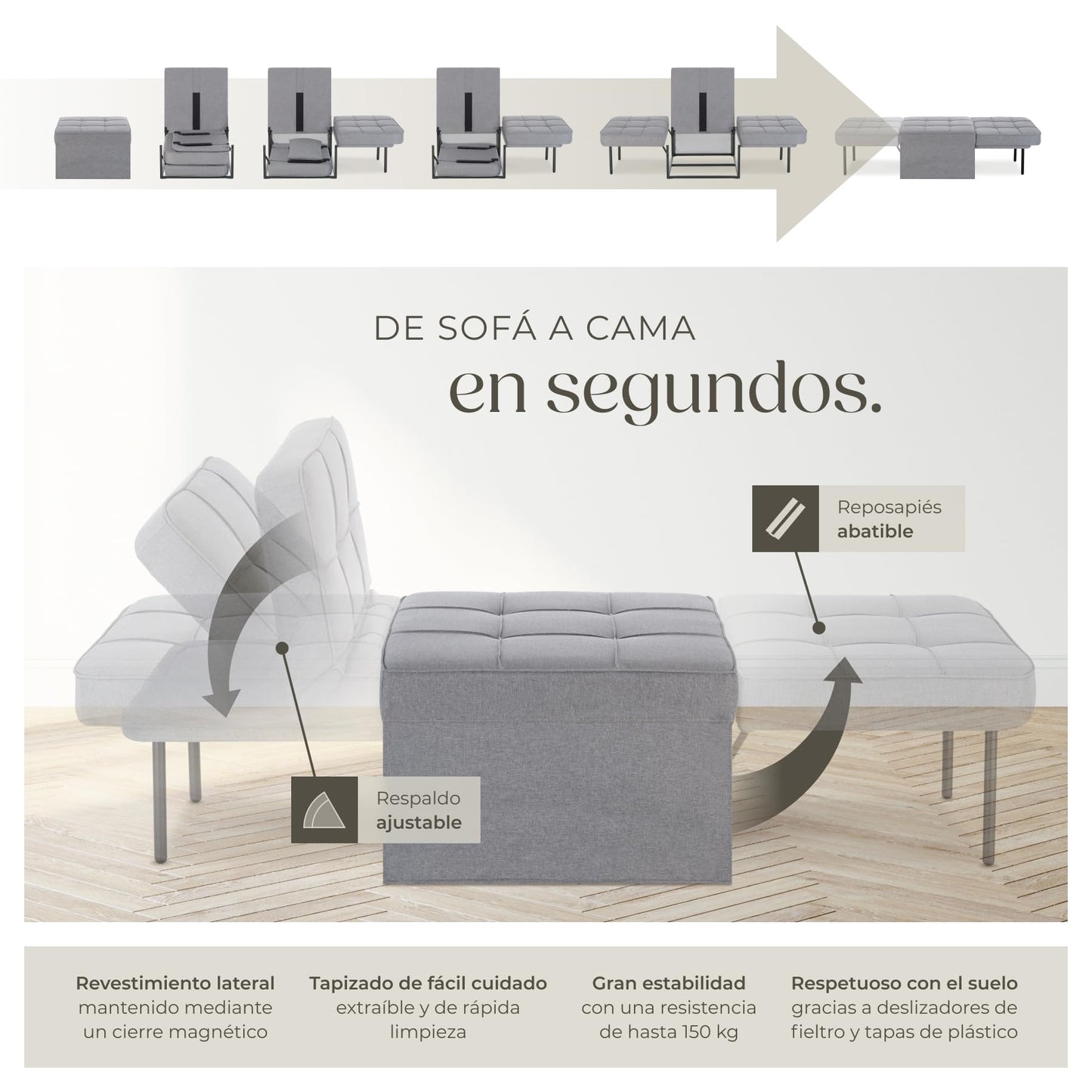 TecTake® Sofá Cama Plegable 4 en 1 Gris – Sillón Relax, Tumbona y Taburete con Respaldo Ajustable, Cojín Cervical y Estructura de Acero Resistente