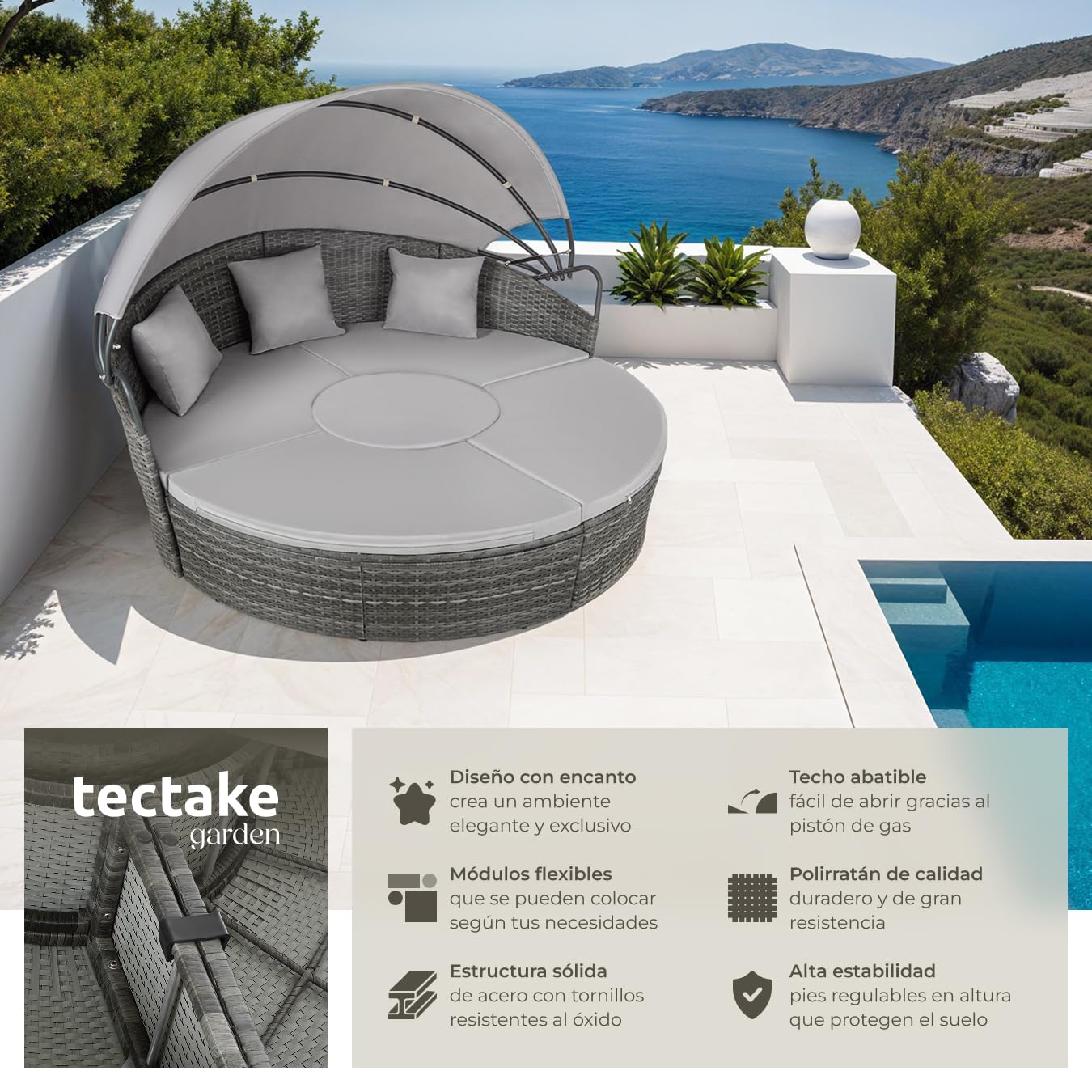 TecTake® Isla de Ratán Gris con Cojines y Toldo Plegable, Muebles de Jardín Exterior Resistentes UV, Estructura de Acero, Conjunto Terraza Combinable