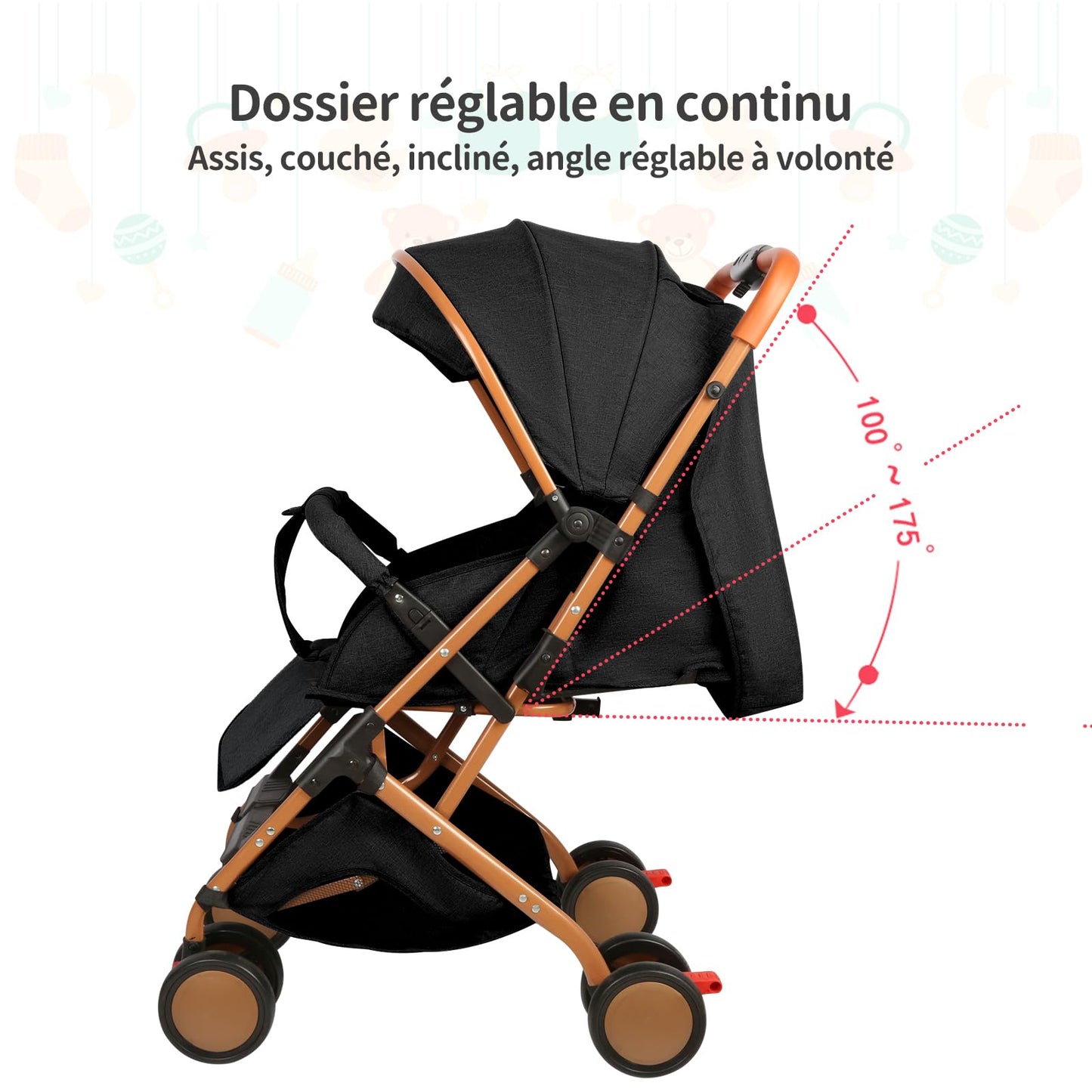 Cochecito Ultraligero y Compacto Negro para Bebés, Hasta 25 kg, Plegable e Inclinable desde el Nacimiento con Sistema Trolley, Funda de Lluvia y Capota Extensible