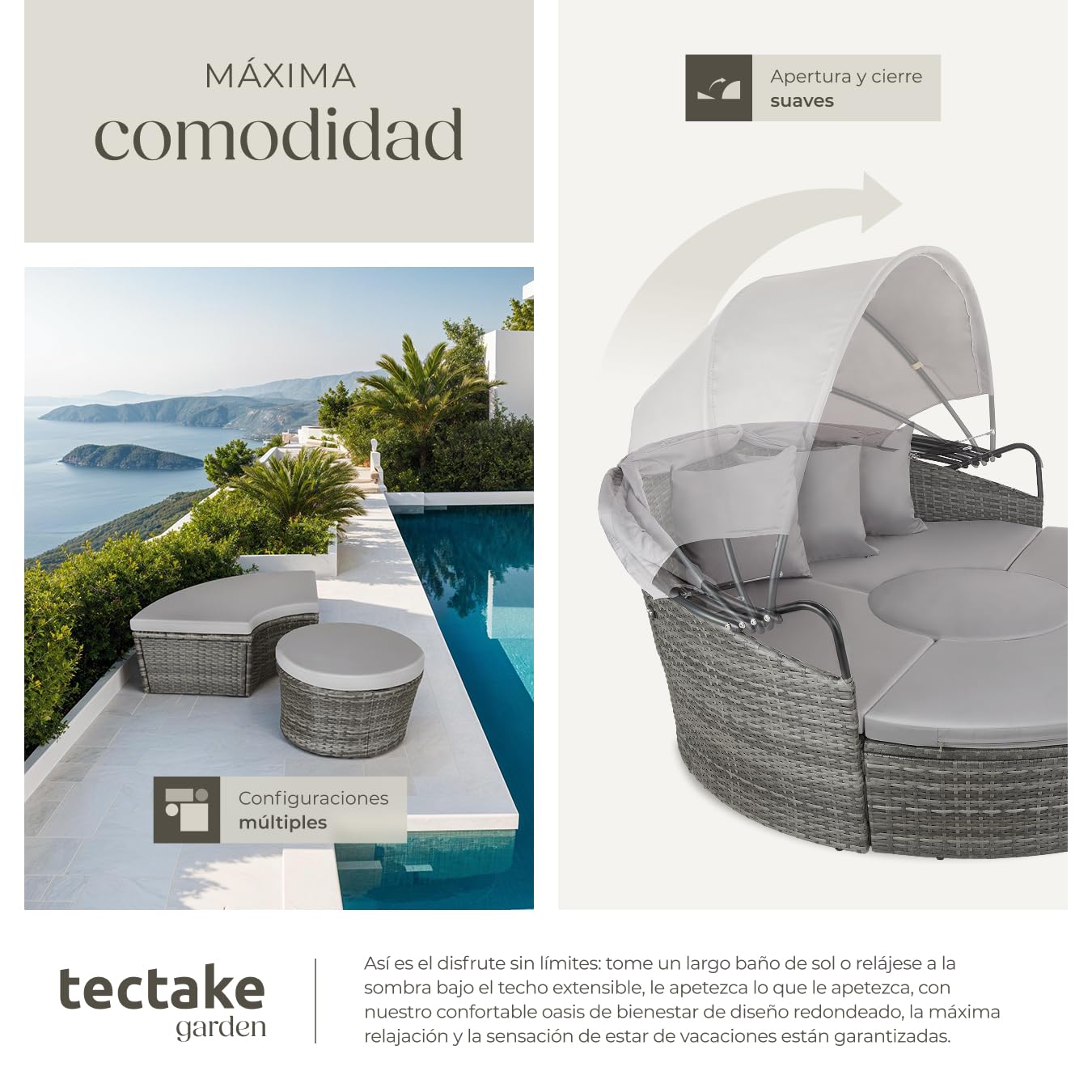 TecTake® Isla de Ratán Gris con Cojines y Toldo Plegable, Muebles de Jardín Exterior Resistentes UV, Estructura de Acero, Conjunto Terraza Combinable