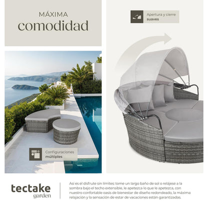 TecTake® Isla de Ratán Gris con Cojines y Toldo Plegable, Muebles de Jardín Exterior Resistentes UV, Estructura de Acero, Conjunto Terraza Combinable