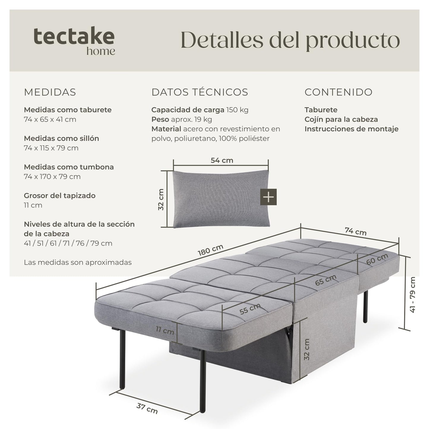TecTake® Sofá Cama Plegable 4 en 1 Gris – Sillón Relax, Tumbona y Taburete con Respaldo Ajustable, Cojín Cervical y Estructura de Acero Resistente
