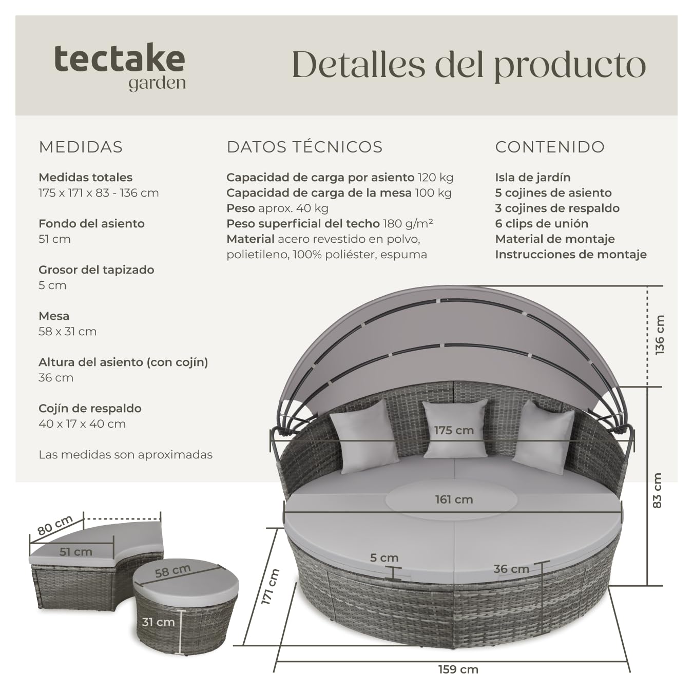 TecTake® Isla de Ratán Gris con Cojines y Toldo Plegable, Muebles de Jardín Exterior Resistentes UV, Estructura de Acero, Conjunto Terraza Combinable