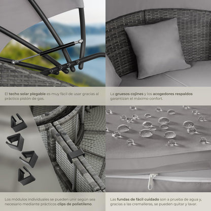 TecTake® Isla de Ratán Gris con Cojines y Toldo Plegable, Muebles de Jardín Exterior Resistentes UV, Estructura de Acero, Conjunto Terraza Combinable