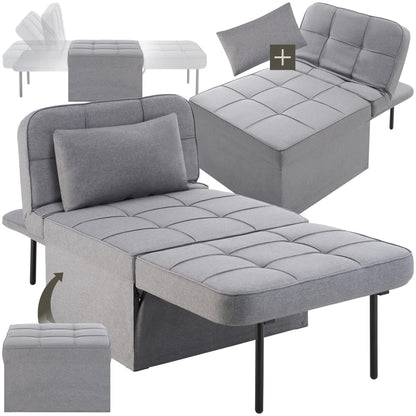 TecTake® Sofá Cama Plegable 4 en 1 Gris – Sillón Relax, Tumbona y Taburete con Respaldo Ajustable, Cojín Cervical y Estructura de Acero Resistente