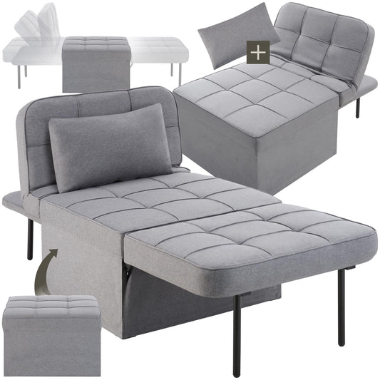 TecTake® Sofá Cama Plegable 4 en 1 Gris – Sillón Relax, Tumbona y Taburete con Respaldo Ajustable, Cojín Cervical y Estructura de Acero Resistente