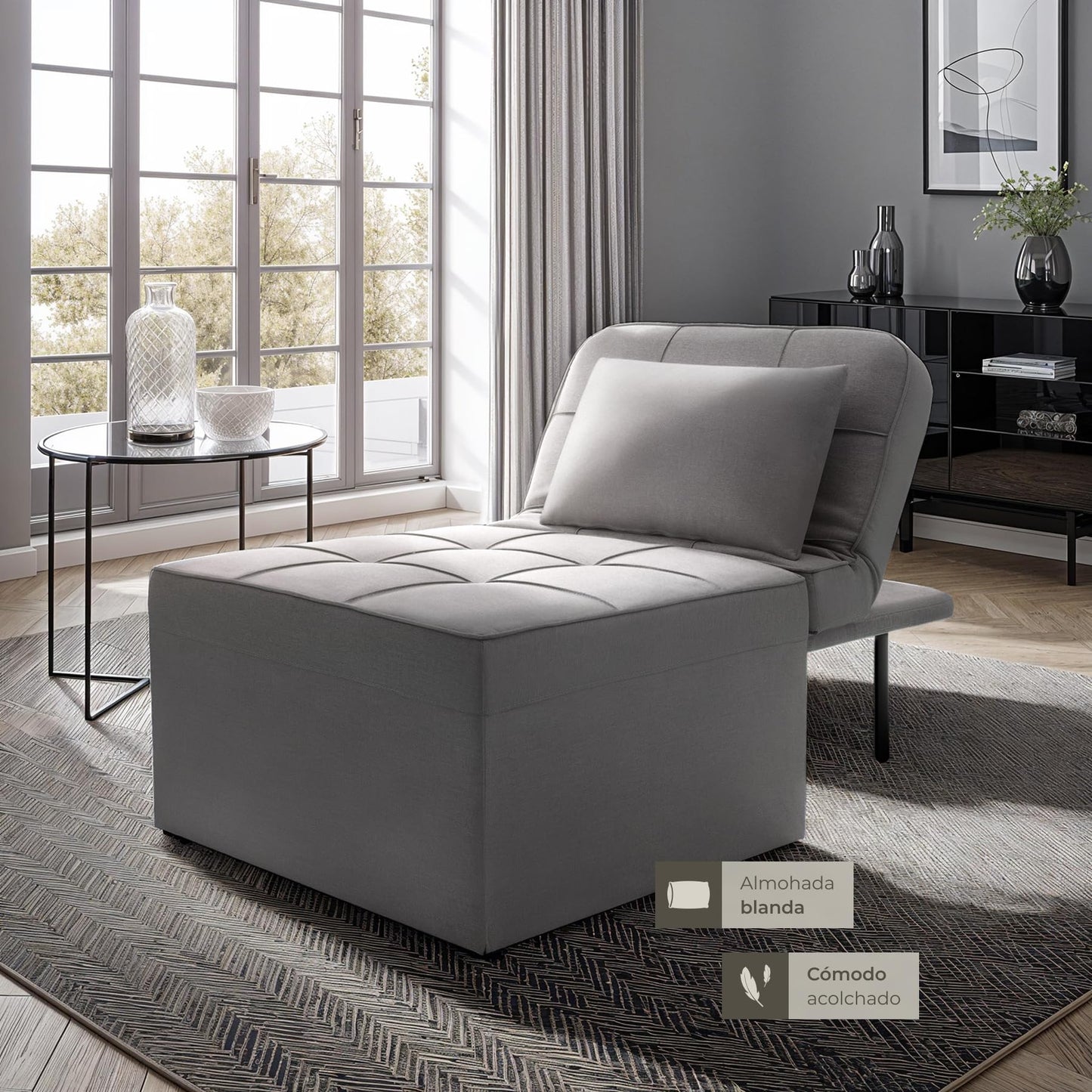 TecTake® Sofá Cama Plegable 4 en 1 Gris – Sillón Relax, Tumbona y Taburete con Respaldo Ajustable, Cojín Cervical y Estructura de Acero Resistente