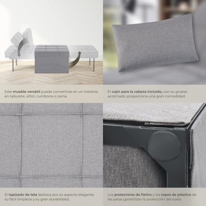 TecTake® Sofá Cama Plegable 4 en 1 Gris – Sillón Relax, Tumbona y Taburete con Respaldo Ajustable, Cojín Cervical y Estructura de Acero Resistente