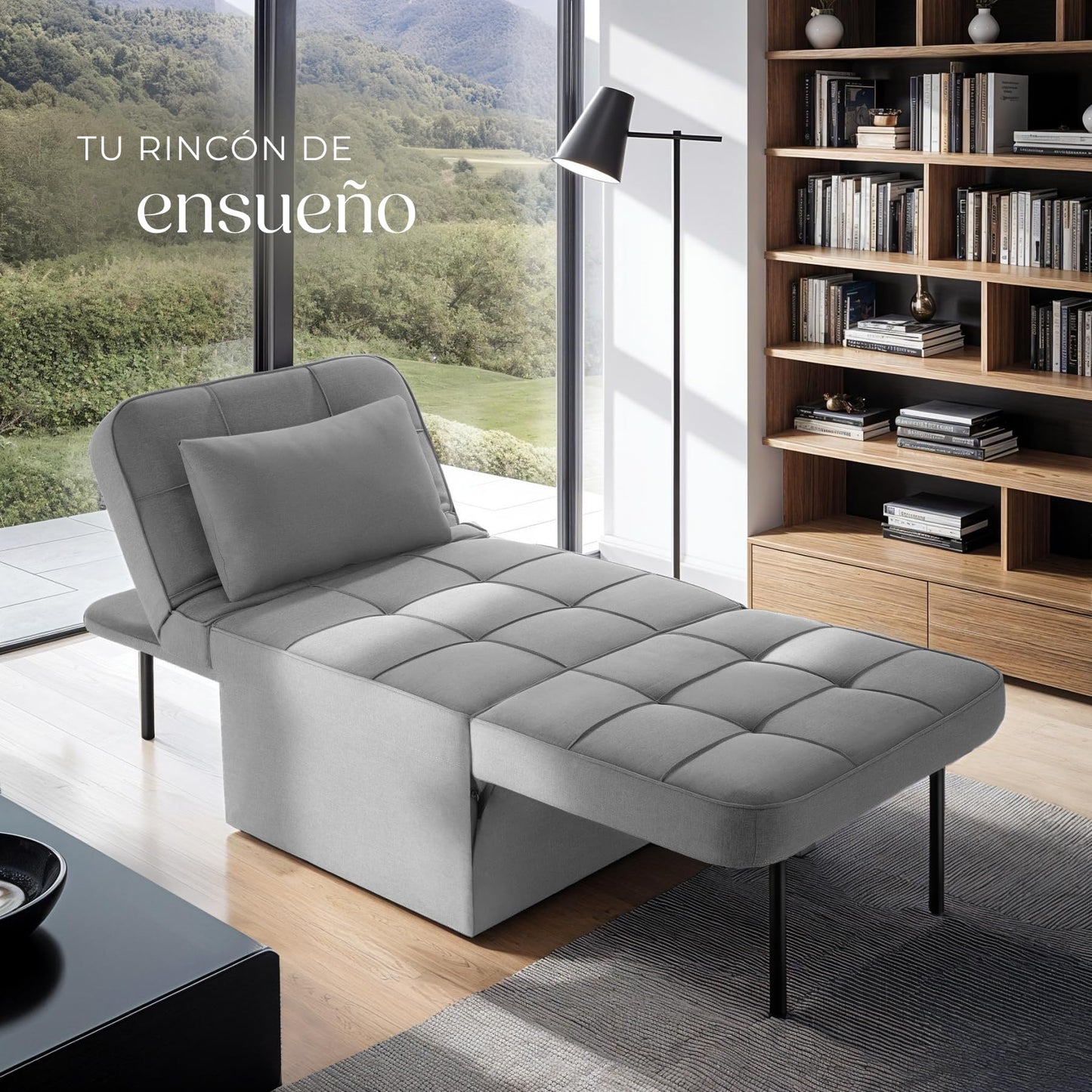 TecTake® Sofá Cama Plegable 4 en 1 Gris – Sillón Relax, Tumbona y Taburete con Respaldo Ajustable, Cojín Cervical y Estructura de Acero Resistente