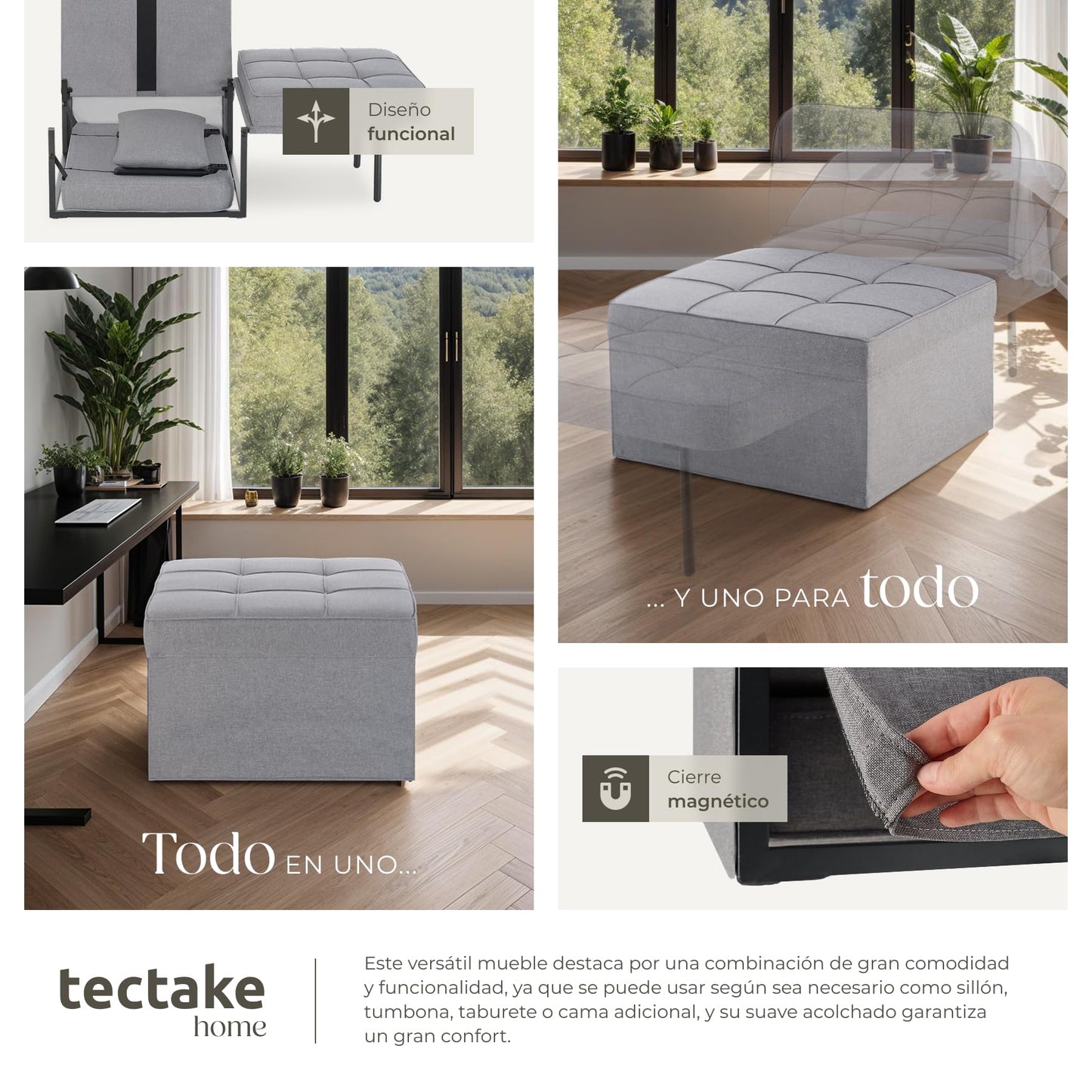 TecTake® Sofá Cama Plegable 4 en 1 Gris – Sillón Relax, Tumbona y Taburete con Respaldo Ajustable, Cojín Cervical y Estructura de Acero Resistente