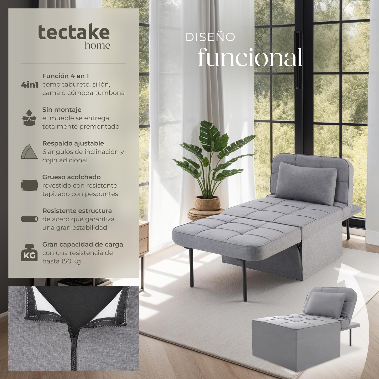 TecTake® Sofá Cama Plegable 4 en 1 Gris – Sillón Relax, Tumbona y Taburete con Respaldo Ajustable, Cojín Cervical y Estructura de Acero Resistente